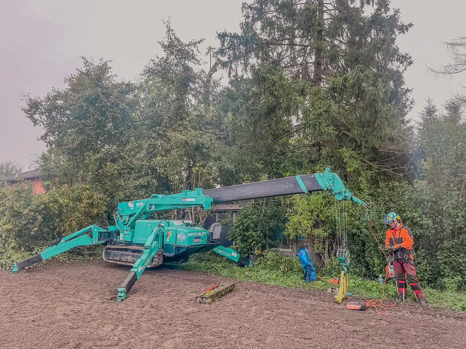 Raupenkran der Evergreen Baumpflege im Einsatz auf einem Betriebsgelände